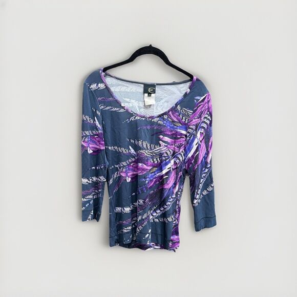 Just Cavalli Feather Print Y2K Scoop Neck Stretch Top Size Medium - Picture 2 of 6